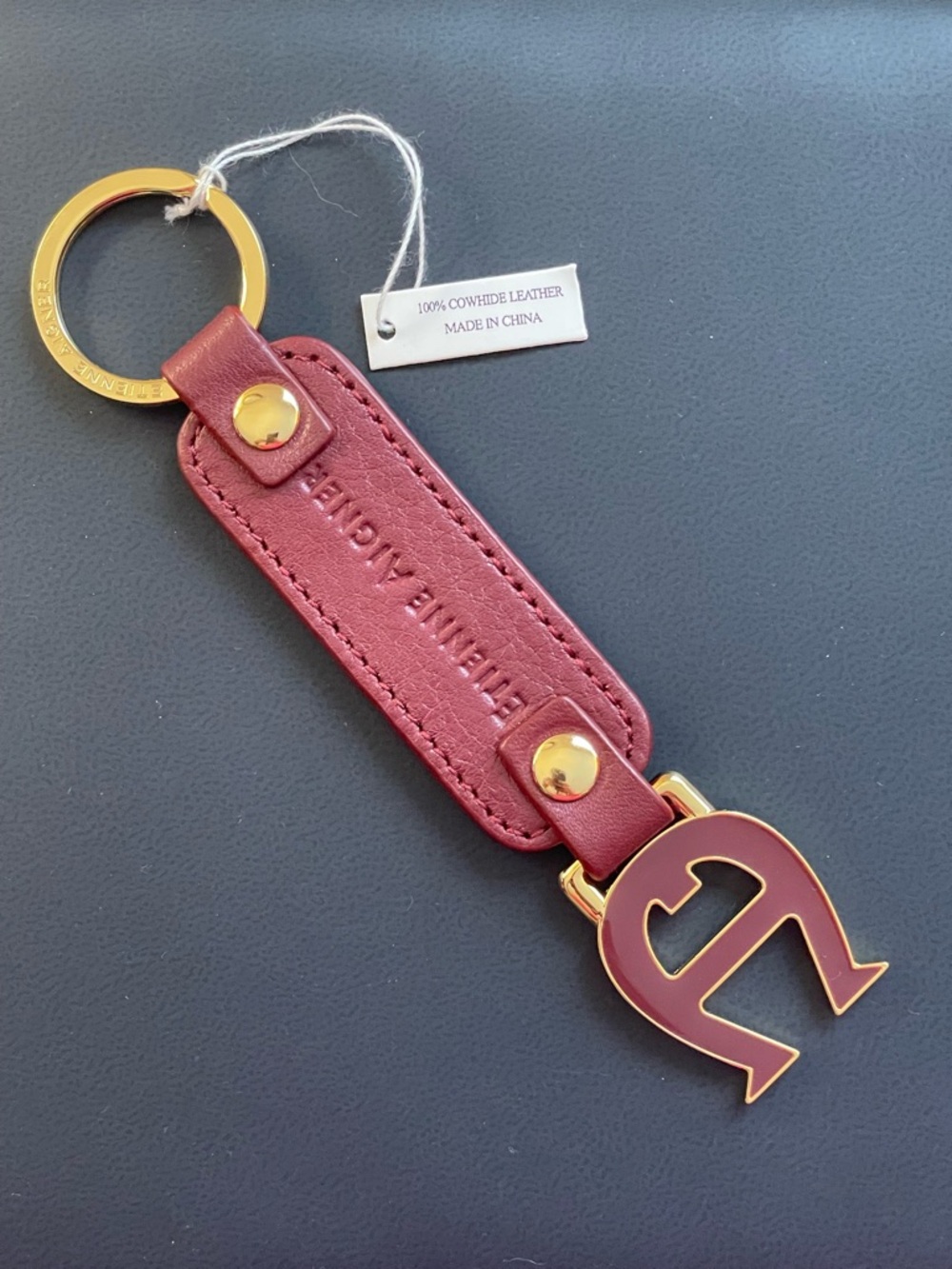 Etienne Aigner Burgundy Leather Keyring with Gold Hardware